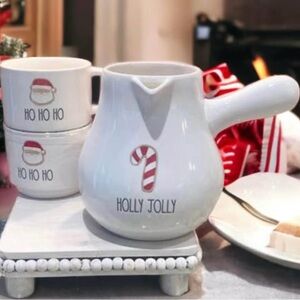 Rae Dunn NEW VHTF ‘HO HO HO’ Stacking Mug Set With ‘HOLLY JOLLY’ Cocoa Pot